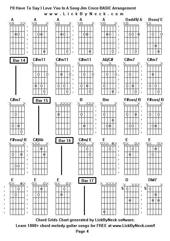 Chord Grids Chart of chord melody fingerstyle guitar song-I'll Have To Say I Love You In A Song-Jim Croce-BASIC Arrangement,generated by LickByNeck software.